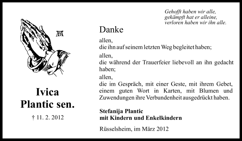  Traueranzeige für Ivica Plantic vom 03.03.2012 aus Rüsselsheimer Echo, Groß-Gerauer-Echo, Ried Echo