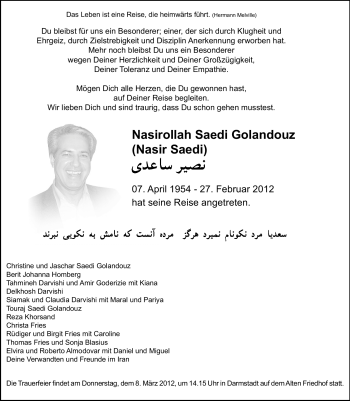 Traueranzeige von Nasirollah Saedi Golandouz von Echo-Zeitungen (Gesamtausgabe)