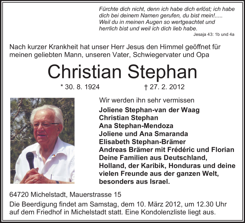  Traueranzeige für Christian Stephan vom 03.03.2012 aus Odenwälder Echo