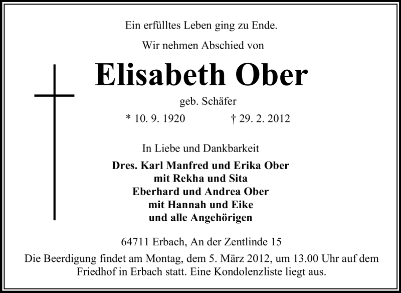  Traueranzeige für Elisabeth Ober  vom 03.03.2012 aus Echo-Zeitungen (Gesamtausgabe)