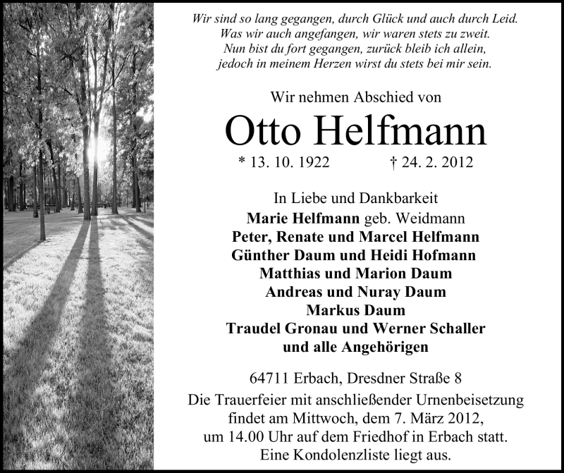  Traueranzeige für Otto Helfmann vom 03.03.2012 aus Odenwälder Echo