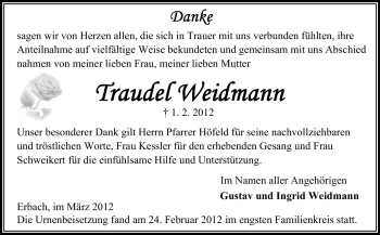 Traueranzeige von Traudel Weidmann von Odenwälder Echo