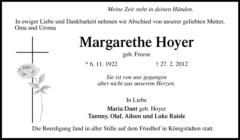  Traueranzeige für Margarethe Hoyer vom 03.03.2012 aus Rüsselsheimer Echo, Groß-Gerauer-Echo, Ried Echo