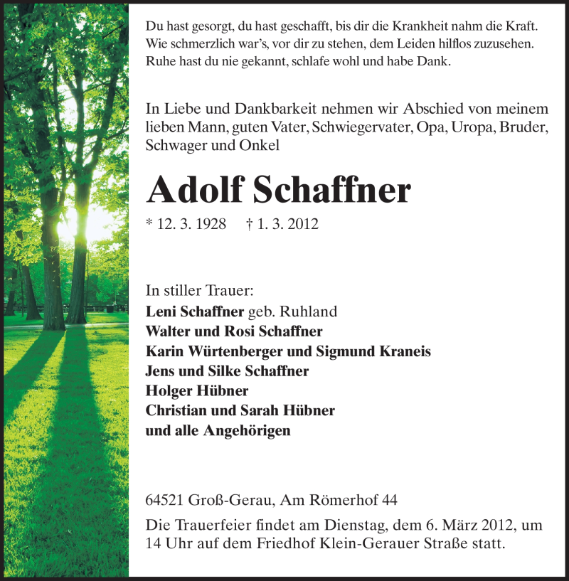  Traueranzeige für Adolf Schaffner vom 03.03.2012 aus Rüsselsheimer Echo, Groß-Gerauer-Echo, Ried Echo
