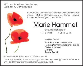 Traueranzeige von Marie Hammel von Rüsselsheimer Echo, Groß-Gerauer-Echo, Ried Echo