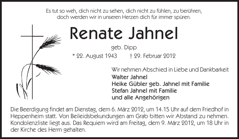  Traueranzeige für Renate Jahnel vom 03.03.2012 aus Starkenburger Echo
