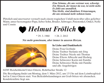 Traueranzeige von Helmut Frölich von Odenwälder Echo