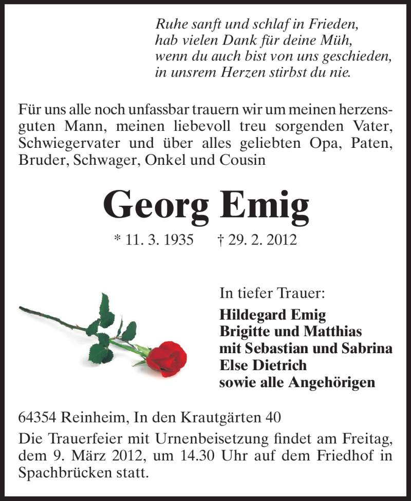  Traueranzeige für Georg Emig vom 06.03.2012 aus Darmstädter Echo, Odenwälder Echo, Rüsselsheimer Echo, Groß-Gerauer-Echo, Ried Echo