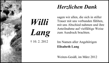 Traueranzeige von Willi Lang von Odenwälder Echo