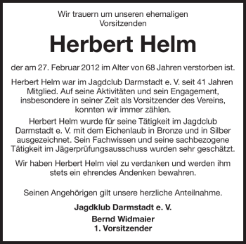 Traueranzeige von Herbert Helm von Echo-Zeitungen (Gesamtausgabe)