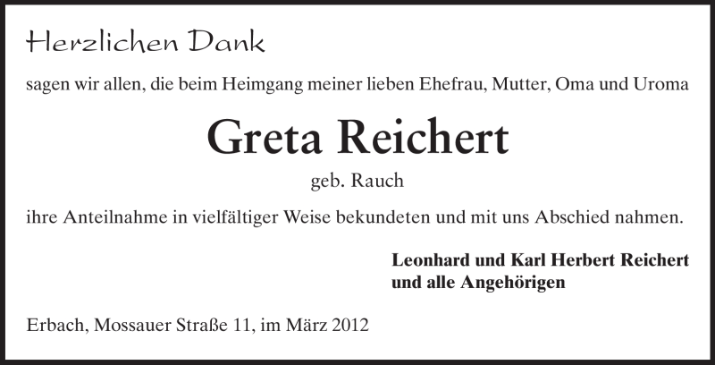  Traueranzeige für Greta Reichert vom 03.03.2012 aus Odenwälder Echo