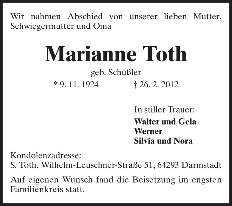  Traueranzeige für Marianne Toth vom 09.03.2012 aus Darmstädter Echo, Odenwälder Echo, Rüsselsheimer Echo, Groß-Gerauer-Echo, Ried Echo