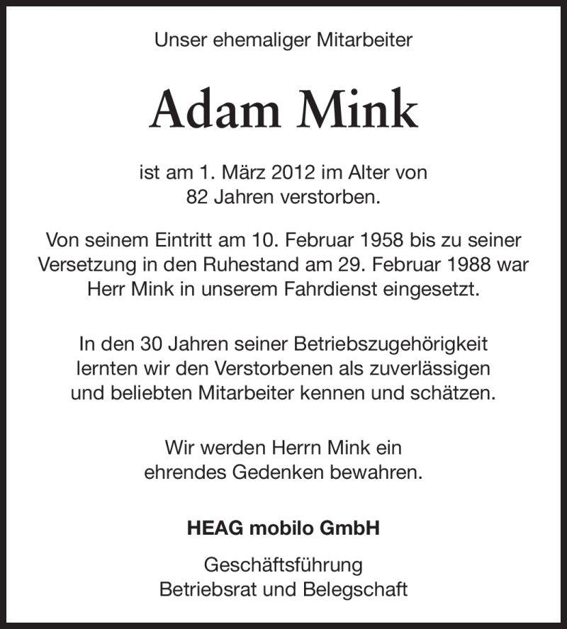  Traueranzeige für Adam Mink vom 05.03.2012 aus Echo-Zeitungen (Gesamtausgabe)