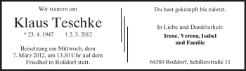 Traueranzeige von Klaus Teschke von Echo-Zeitungen (Gesamtausgabe)