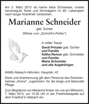 Traueranzeige von Marianne Schneider von Darmstädter Echo, Odenwälder Echo, Rüsselsheimer Echo, Groß-Gerauer-Echo, Ried Echo