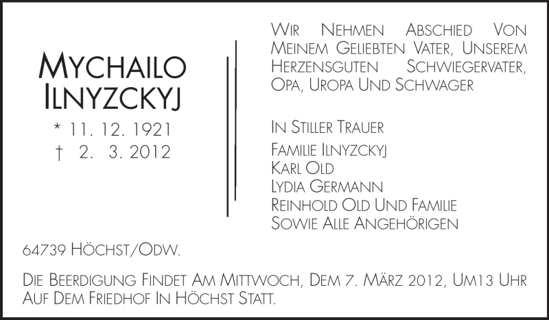  Traueranzeige für Mychailo Ilnyzckyj vom 05.03.2012 aus Odenwälder Echo