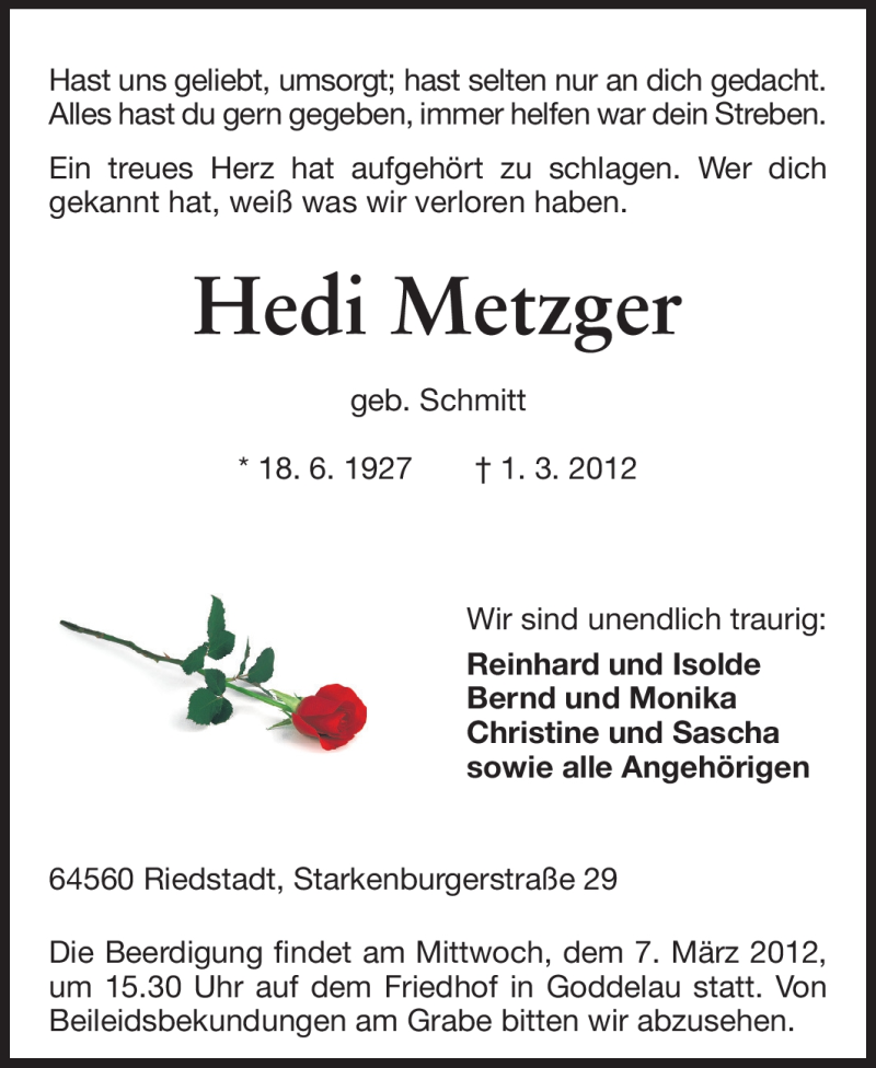  Traueranzeige für Hedi Metzger vom 05.03.2012 aus Rüsselsheimer Echo, Groß-Gerauer-Echo, Ried Echo
