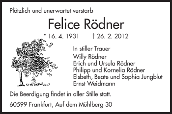 Traueranzeige von Felice Rödner von Rüsselsheimer Echo, Groß-Gerauer-Echo, Ried Echo