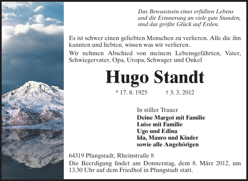  Traueranzeige für Hugo Standt vom 06.03.2012 aus Echo-Zeitungen (Gesamtausgabe)
