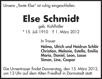 Traueranzeige von Else Schmidt von Echo-Zeitungen (Gesamtausgabe)