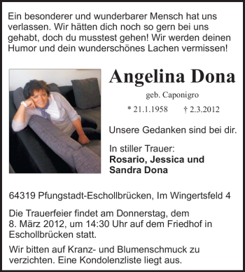 Traueranzeige von Angelina Dona von Echo-Zeitungen (Gesamtausgabe)