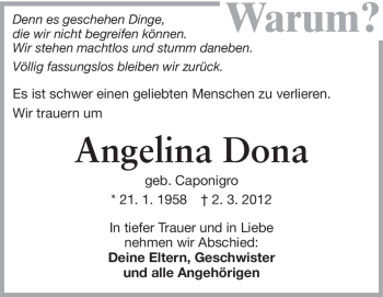 Traueranzeige von Angelina Dona von Echo-Zeitungen (Gesamtausgabe)