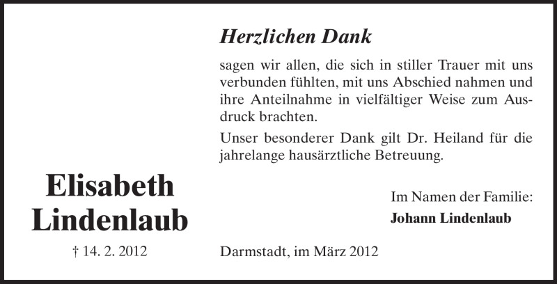  Traueranzeige für Elisabeth Lindenlaub vom 07.03.2012 aus Echo-Zeitungen (Gesamtausgabe)