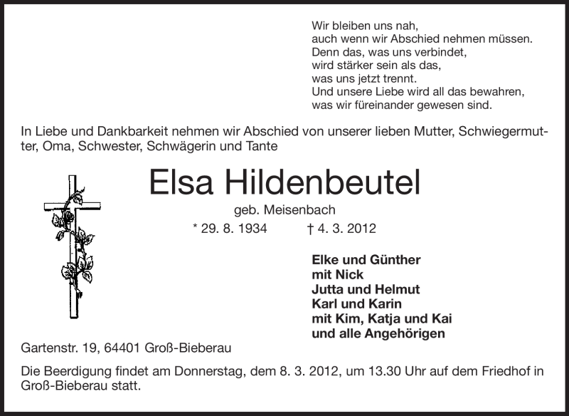  Traueranzeige für Elsa Hildenbeutel vom 06.03.2012 aus Echo-Zeitungen (Gesamtausgabe)