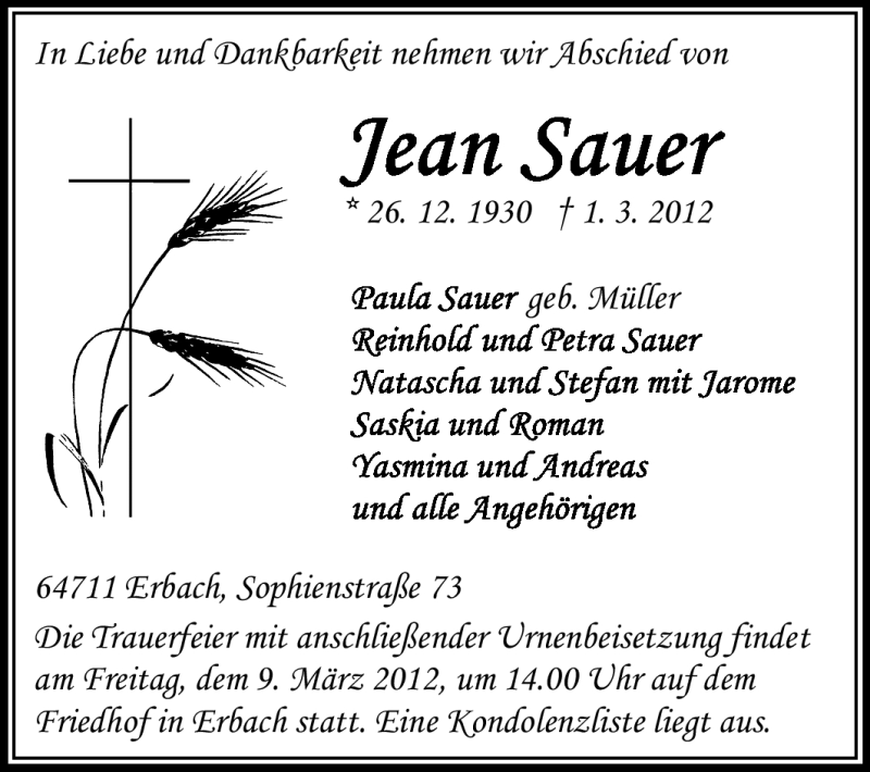  Traueranzeige für Jean Sauer vom 06.03.2012 aus Odenwälder Echo