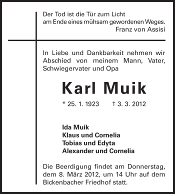 Traueranzeige von Karl Muik von Echo-Zeitungen (Gesamtausgabe)