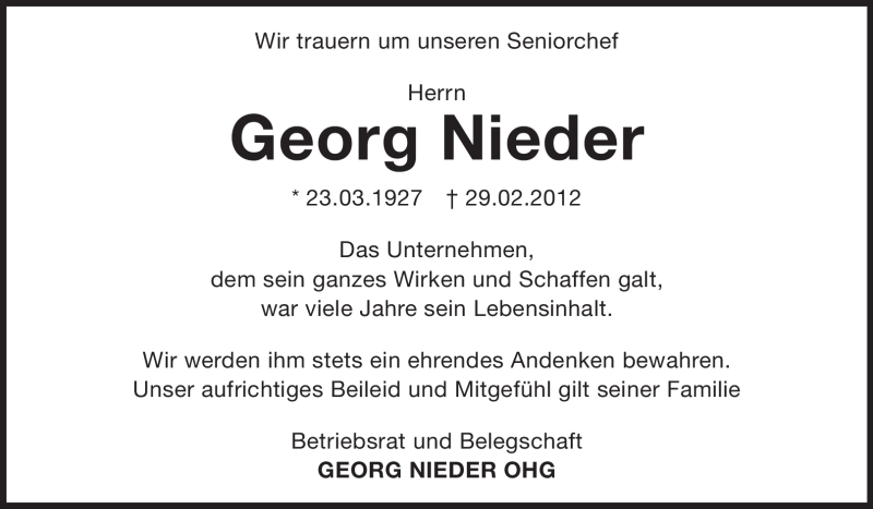  Traueranzeige für Georg Nieder vom 07.03.2012 aus Odenwälder Echo