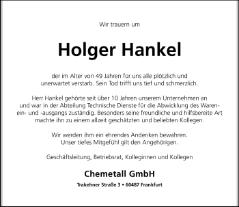 Traueranzeige von Holger Hankel von Rüsselsheimer Echo, Groß-Gerauer-Echo, Ried Echo