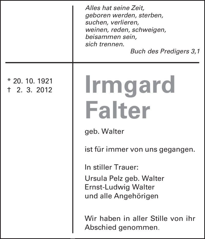  Traueranzeige für Irmgard Falter vom 09.03.2012 aus Echo-Zeitungen (Gesamtausgabe)
