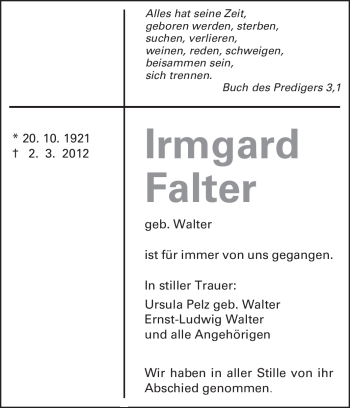 Traueranzeige von Irmgard Falter von Echo-Zeitungen (Gesamtausgabe)