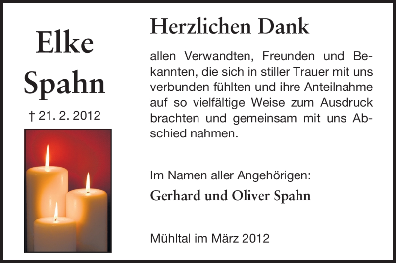  Traueranzeige für Elke Spahn vom 10.03.2012 aus Echo-Zeitungen (Gesamtausgabe)