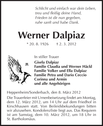 Traueranzeige von Werner Dalpiaz von Starkenburger Echo