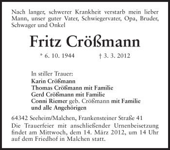 Traueranzeige von Fritz Crößmann von Echo-Zeitungen (Gesamtausgabe)