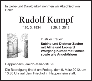 Traueranzeige von Rudolf Kumpf von Starkenburger Echo