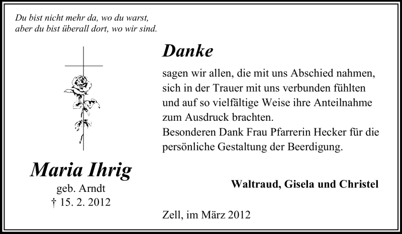  Traueranzeige für Maria Ihrig vom 07.03.2012 aus Odenwälder Echo