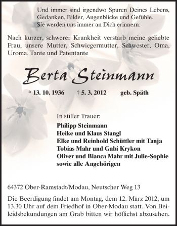Traueranzeige von Berta Steinmann von Darmstädter Echo, Odenwälder Echo, Rüsselsheimer Echo, Groß-Gerauer-Echo, Ried Echo