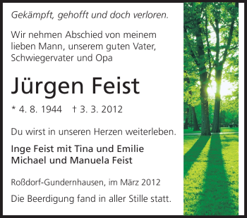 Traueranzeige von Jürgen Feist von Echo-Zeitungen (Gesamtausgabe)