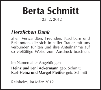 Traueranzeige von Berta Schmitt von Darmstädter Echo, Odenwälder Echo, Rüsselsheimer Echo, Groß-Gerauer-Echo, Ried Echo