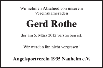 Traueranzeige von Gerd Rothe von Rüsselsheimer Echo, Groß-Gerauer-Echo, Ried Echo