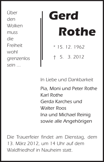Traueranzeige von Gerd Rothe von Rüsselsheimer Echo, Groß-Gerauer-Echo, Ried Echo