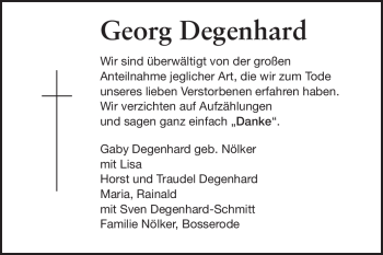 Traueranzeige von Georg Degenhard von Echo-Zeitungen (Gesamtausgabe)