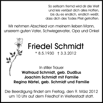 Traueranzeige von Friedel Schmidt von Echo-Zeitungen (Gesamtausgabe)