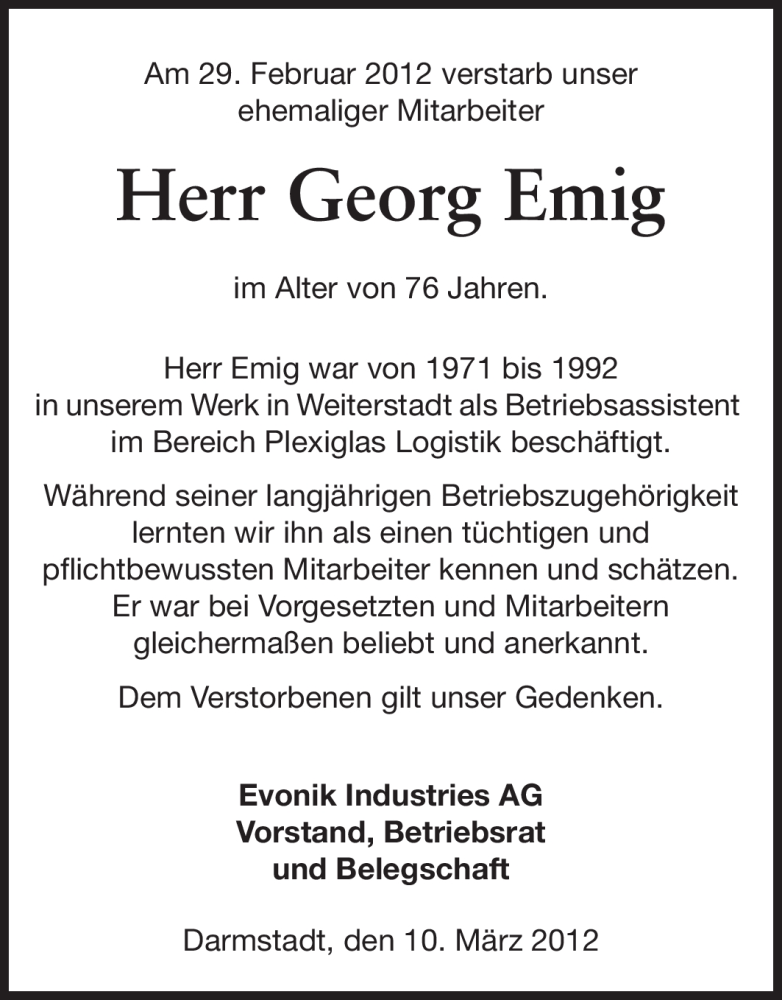  Traueranzeige für Georg Emig vom 10.03.2012 aus Echo-Zeitungen (Gesamtausgabe)