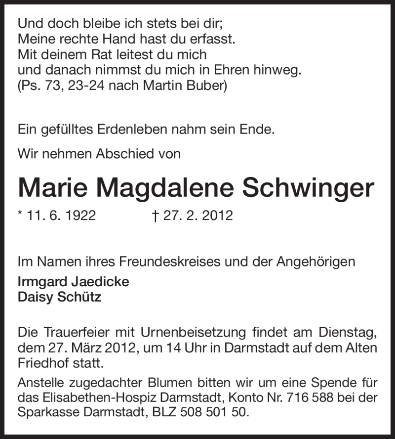  Traueranzeige für Marie Magdalene Schwinger vom 21.03.2012 aus Darmstädter Echo, Odenwälder Echo, Rüsselsheimer Echo, Groß-Gerauer-Echo, Ried Echo