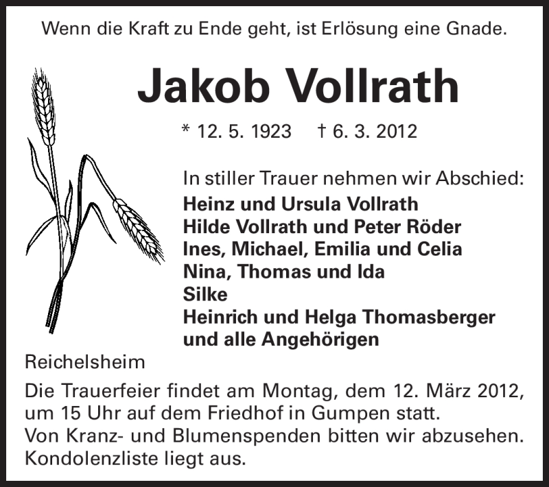  Traueranzeige für Jakob Vollrath vom 10.03.2012 aus Odenwälder Echo