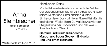 Traueranzeige von Anna Steinbrecher von Echo-Zeitungen (Gesamtausgabe)